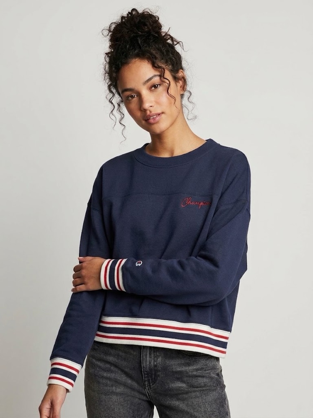 Champion Navy Pullover Sweatshirt with Red and White Stripe Trim